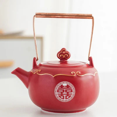 Household Red Ceramics Teapot Teaware Double Happiness Tea Pot and Cup Set Customized Wedding Newlywed Souvenir Gift Supplies