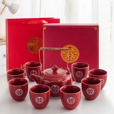 Household Red Ceramics Teapot Teaware Double Happiness Tea Pot and Cup Set Customized Wedding Newlywed Souvenir Gift Supplies