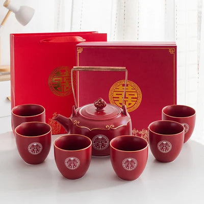 Household Red Ceramics Teapot Teaware Double Happiness Tea Pot and Cup Set Customized Wedding Newlywed Souvenir Gift Supplies