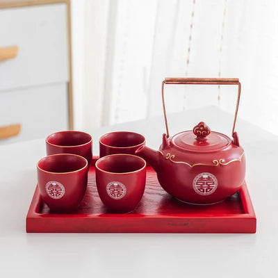 Household Red Ceramics Teapot Teaware Double Happiness Tea Pot and Cup Set Customized Wedding Newlywed Souvenir Gift Supplies