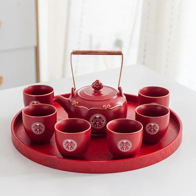 Household Red Ceramics Teapot Teaware Double Happiness Tea Pot and Cup Set Customized Wedding Newlywed Souvenir Gift Supplies