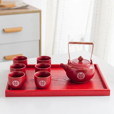 Household Red Ceramics Teapot Teaware Double Happiness Tea Pot and Cup Set Customized Wedding Newlywed Souvenir Gift Supplies