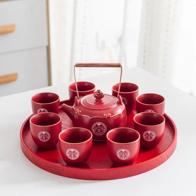 Household Red Ceramics Teapot Teaware Double Happiness Tea Pot and Cup Set Customized Wedding Newlywed Souvenir Gift Supplies
