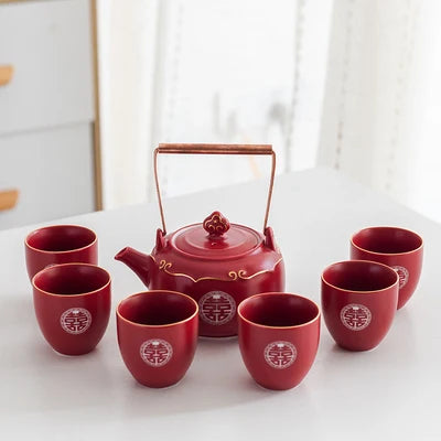 Household Red Ceramics Teapot Teaware Double Happiness Tea Pot and Cup Set Customized Wedding Newlywed Souvenir Gift Supplies