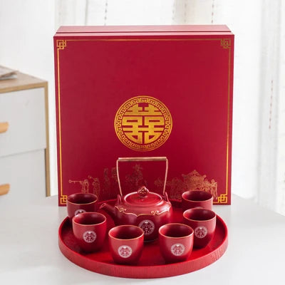 Household Red Ceramics Teapot Teaware Double Happiness Tea Pot and Cup Set Customized Wedding Newlywed Souvenir Gift Supplies