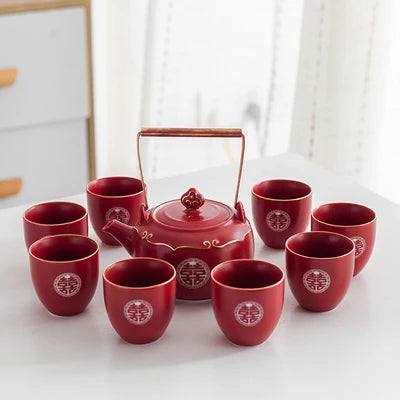 Household Red Ceramics Teapot Teaware Double Happiness Tea Pot and Cup Set Customized Wedding Newlywed Souvenir Gift Supplies