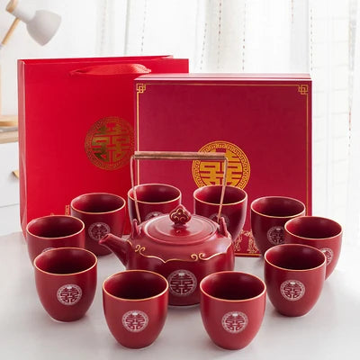 Household Red Ceramics Teapot Teaware Double Happiness Tea Pot and Cup Set Customized Wedding Newlywed Souvenir Gift Supplies