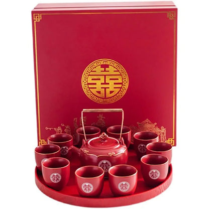 Household Red Ceramics Teapot Teaware Double Happiness Tea Pot and Cup Set Customized Wedding Newlywed Souvenir Gift Supplies