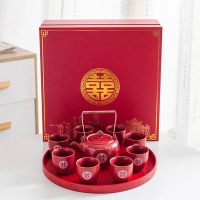 Household Red Ceramics Teapot Teaware Double Happiness Tea Pot and Cup Set Customized Wedding Newlywed Souvenir Gift Supplies