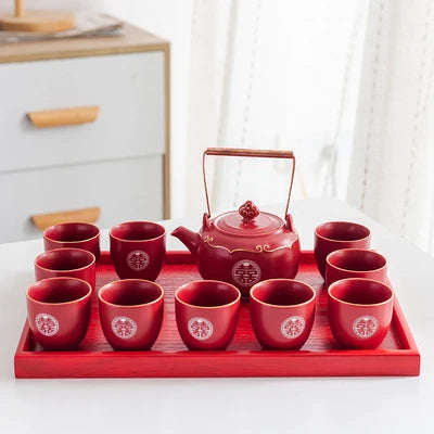 Household Red Ceramics Teapot Teaware Double Happiness Tea Pot and Cup Set Customized Wedding Newlywed Souvenir Gift Supplies