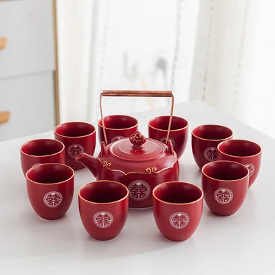 Household Red Ceramics Teapot Teaware Double Happiness Tea Pot and Cup Set Customized Wedding Newlywed Souvenir Gift Supplies