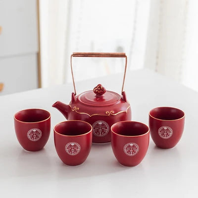 Household Red Ceramics Teapot Teaware Double Happiness Tea Pot and Cup Set Customized Wedding Newlywed Souvenir Gift Supplies