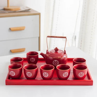Household Red Ceramics Teapot Teaware Double Happiness Tea Pot and Cup Set Customized Wedding Newlywed Souvenir Gift Supplies