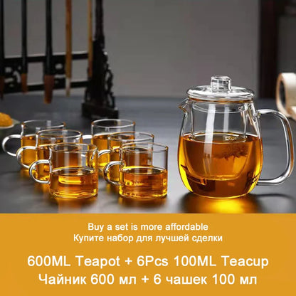 Household Thicken Tea Set High Temperature Explosion Proof Lead-free 600ML Teapot and 100ML Teacups Heated Milk Rose Fruit Tea