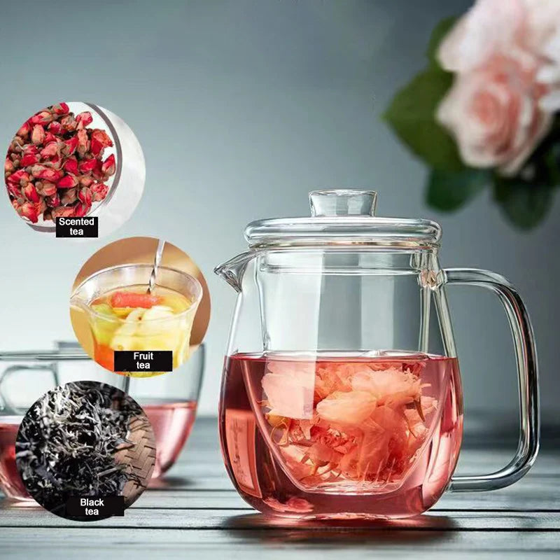 Household Thicken Tea Set High Temperature Explosion Proof Lead-free 600ML Teapot and 100ML Teacups Heated Milk Rose Fruit Tea