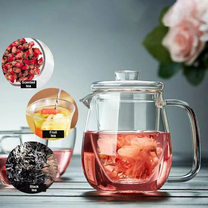 Household Thicken Tea Set High Temperature Explosion Proof Lead-free 600ML Teapot and 100ML Teacups Heated Milk Rose Fruit Tea
