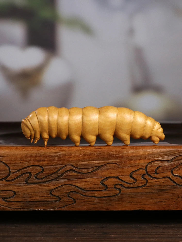 Huangyang Wood Carved Silkworm Baby Handle New Chinese Style Solid Wood Decorative Small Pendant Plate Playing with Stationery