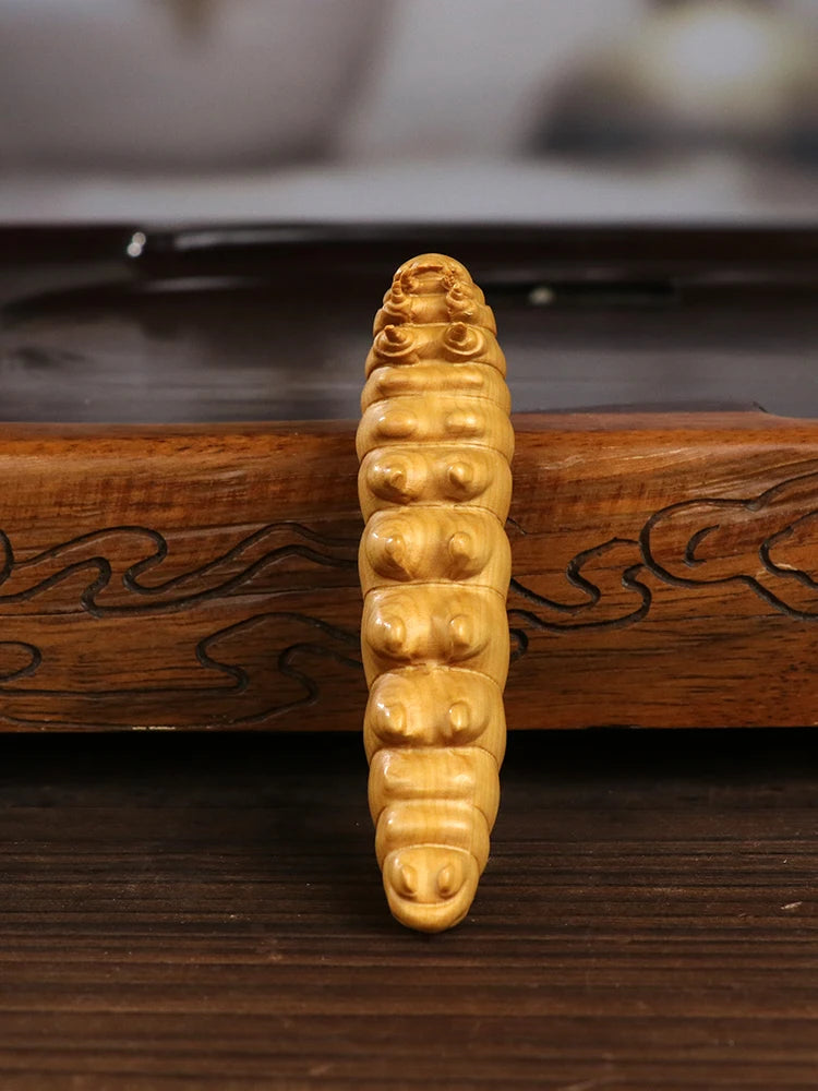 Huangyang Wood Carved Silkworm Baby Handle New Chinese Style Solid Wood Decorative Small Pendant Plate Playing with Stationery