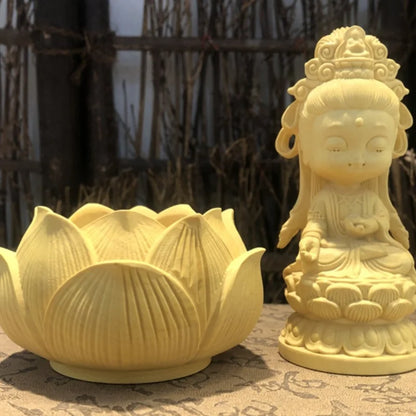 Huangyang wood carving Q version Guanyin statue Bodhisattva car decoration Lotus base Solid wood home decoration Table layout