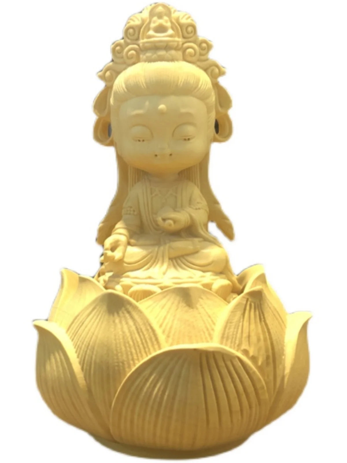 Huangyang wood carving Q version Guanyin statue Bodhisattva car decoration Lotus base Solid wood home decoration Table layout