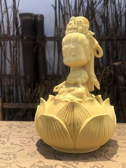 Huangyang wood carving Q version Guanyin statue Bodhisattva car decoration Lotus base Solid wood home decoration Table layout