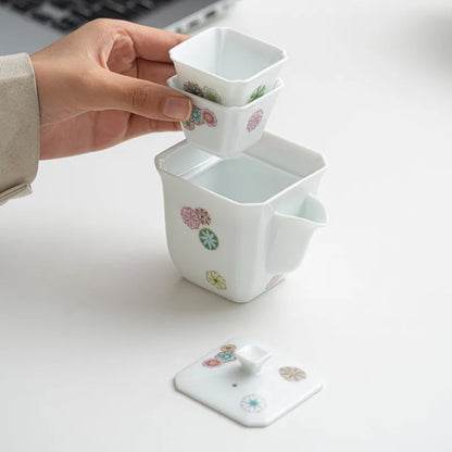 Hydrangea Pattern Tea Set Kit Antique Square Teapot and Cup Set 1 Pot 2 Cups Tea Maker Travel Tea Set Organizer Equipment Craft