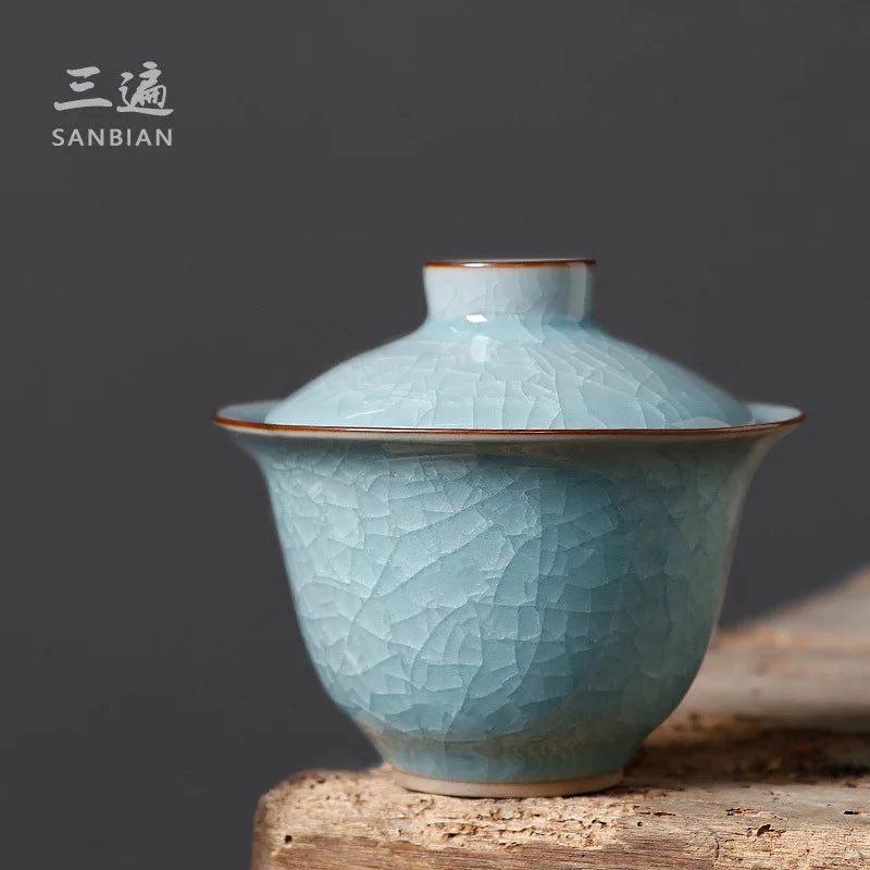 Ice Crack Ru Ware Natural Crack Supportable Gaiwan Porcelain Kung Fu Tea Set Longquan Celadon Tea Brewing Bowl Large
