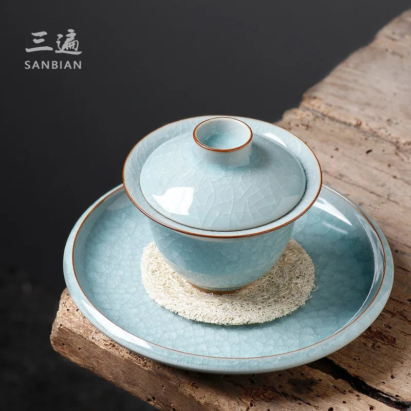 Ice Crack Ru Ware Natural Crack Supportable Gaiwan Porcelain Kung Fu Tea Set Longquan Celadon Tea Brewing Bowl Large