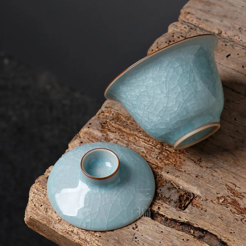 Ice Crack Ru Ware Natural Crack Supportable Gaiwan Porcelain Kung Fu Tea Set Longquan Celadon Tea Brewing Bowl Large