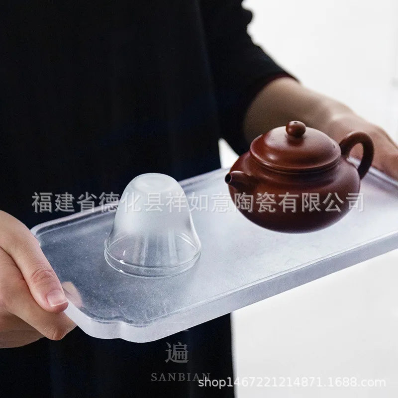Ice Cube Clear Feeling Frozen Glass Tea Tray Simple Pot Tray Household Bamboo Tea Tray
