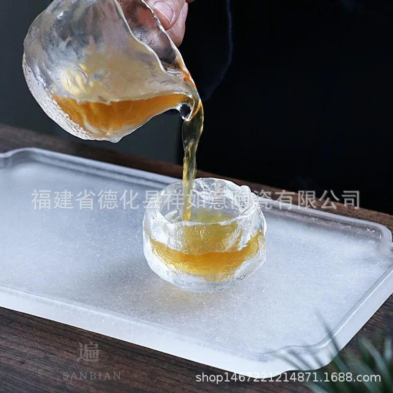 Ice Cube Clear Feeling Frozen Glass Tea Tray Simple Pot Tray Household Bamboo Tea Tray