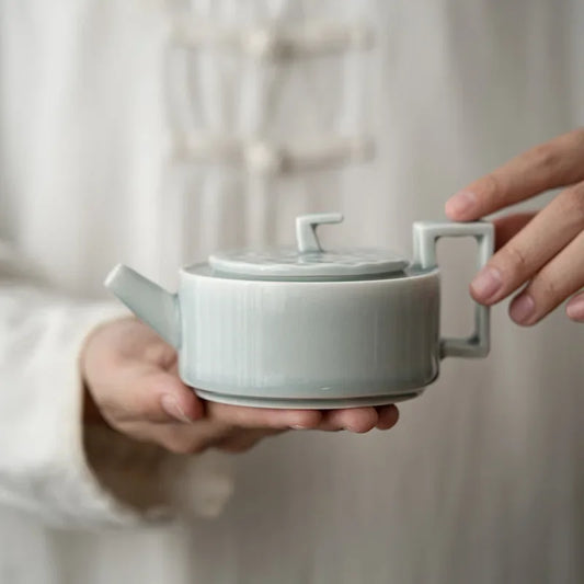 Ice Gray Glaze Geometric Teapot Porcelain Kung Fu Tea Set Single Home Reception Teapot with Filter Ball Holes Little Tea Infuser