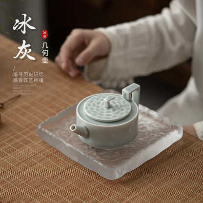 Ice Gray Glaze Geometric Teapot Porcelain Kung Fu Tea Set Single Home Reception Teapot with Filter Ball Holes Little Tea Infuser