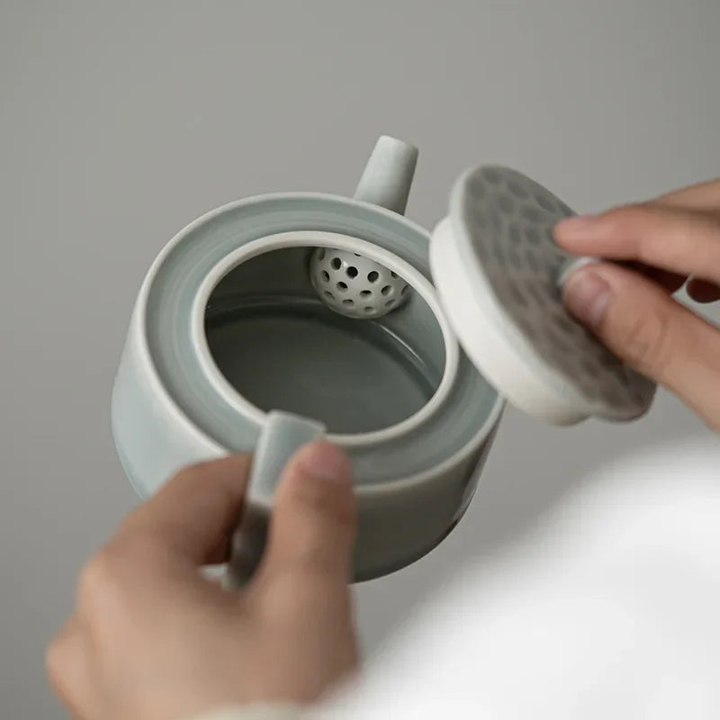 Ice Gray Glaze Geometric Teapot Porcelain Kung Fu Tea Set Single Home Reception Teapot with Filter Ball Holes Little Tea Infuser