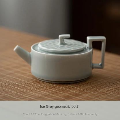 Ice Gray Glaze Geometric Teapot Porcelain Kung Fu Tea Set Single Home Reception Teapot with Filter Ball Holes Little Tea Infuser