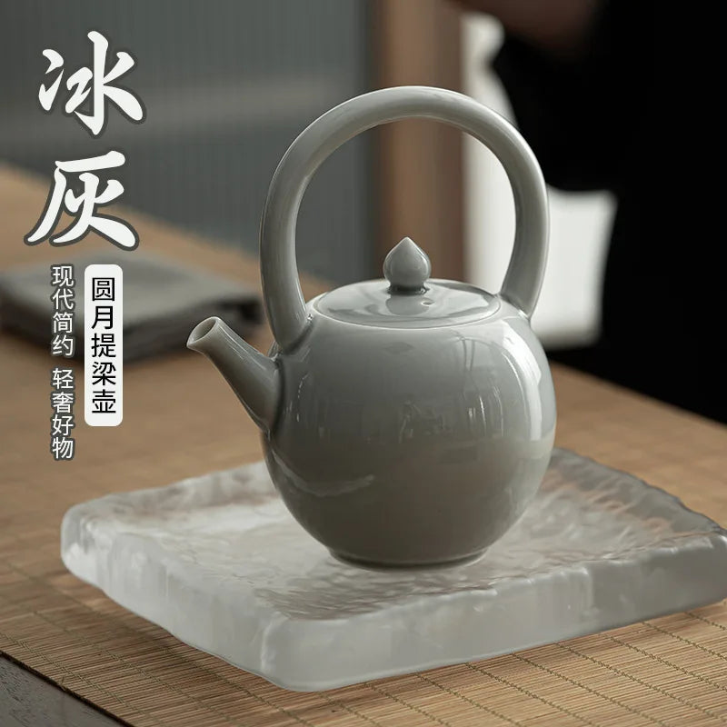 Ice Gray Glaze Round Moon Loop-Handled Teapot Japanese Style Porcelain Tea Strainer Kung Fu Tea Set Teapot Tea Infuser Tea Maker