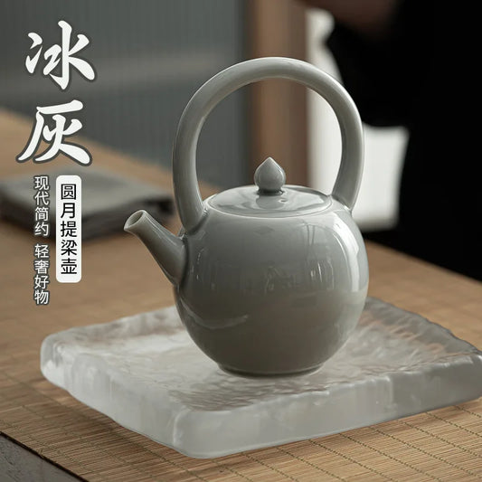Ice Gray Glaze Round Moon Loop-Handled Teapot Japanese Style Porcelain Tea Strainer Kung Fu Tea Set Teapot Tea Infuser Tea Maker