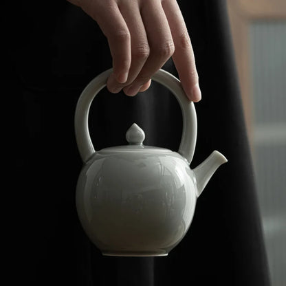 Ice Gray Glaze Round Moon Loop-Handled Teapot Japanese Style Porcelain Tea Strainer Kung Fu Tea Set Teapot Tea Infuser Tea Maker