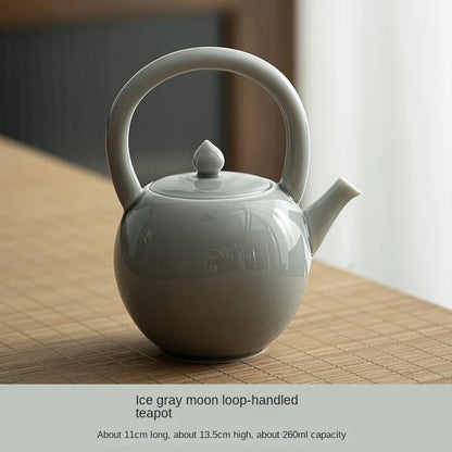 Ice Gray Glaze Round Moon Loop-Handled Teapot Japanese Style Porcelain Tea Strainer Kung Fu Tea Set Teapot Tea Infuser Tea Maker