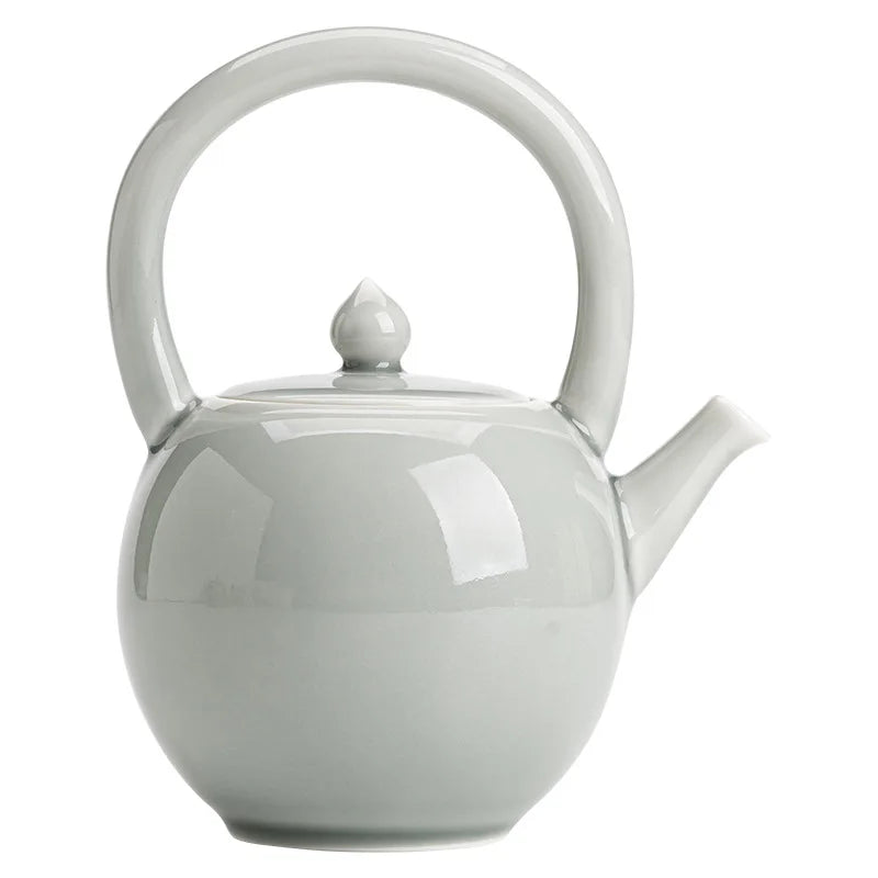 Ice Gray Glaze Round Moon Loop-Handled Teapot Japanese Style Porcelain Tea Strainer Kung Fu Tea Set Teapot Tea Infuser Tea Maker