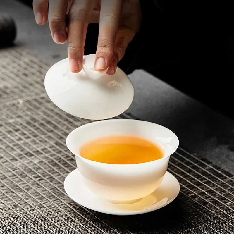 Ice Jade Porcelain Gaiwan High-end Household Tea Bowl Sancai Tureen Teacup Single Teaware Kitchen Dining Bar Home Garden