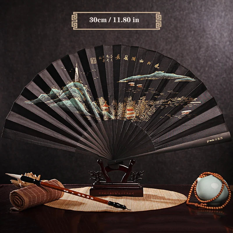 Imitation Ebony Men's Folding Fan Bamboo wood silk silk cloth hand fan Outdoor personalized durable folding fan Home Decoration
