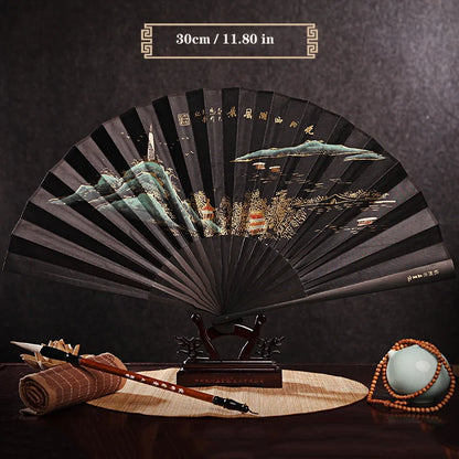 Imitation Ebony Men's Folding Fan Bamboo wood silk silk cloth hand fan Outdoor personalized durable folding fan Home Decoration