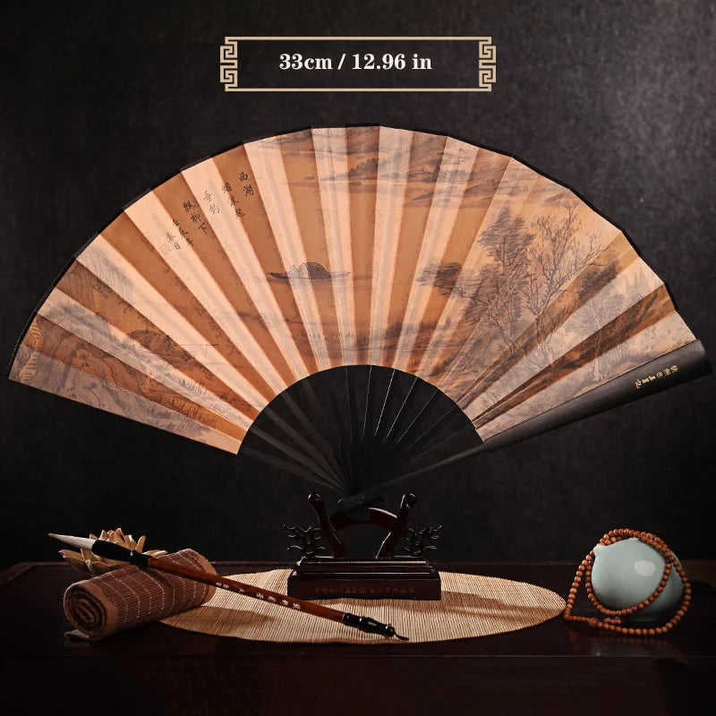 Imitation Ebony Men's Folding Fan Bamboo wood silk silk cloth hand fan Outdoor personalized durable folding fan Home Decoration