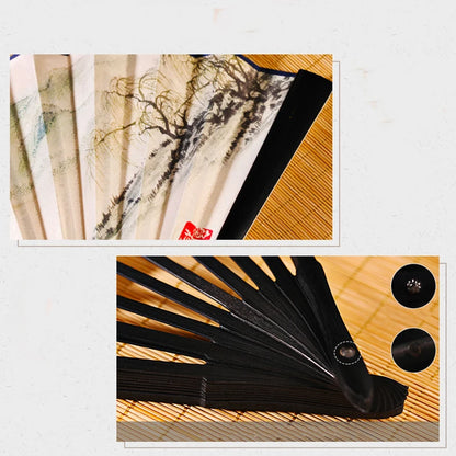 Imitation Ebony Men's Folding Fan Bamboo wood silk silk cloth hand fan Outdoor personalized durable folding fan Home Decoration