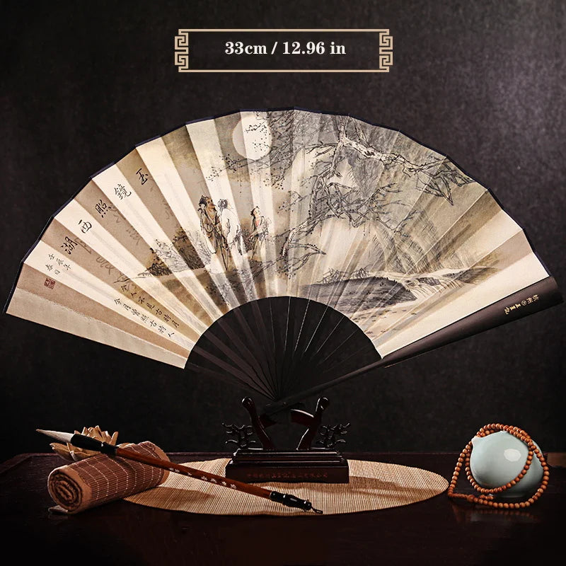 Imitation Ebony Men's Folding Fan Bamboo wood silk silk cloth hand fan Outdoor personalized durable folding fan Home Decoration