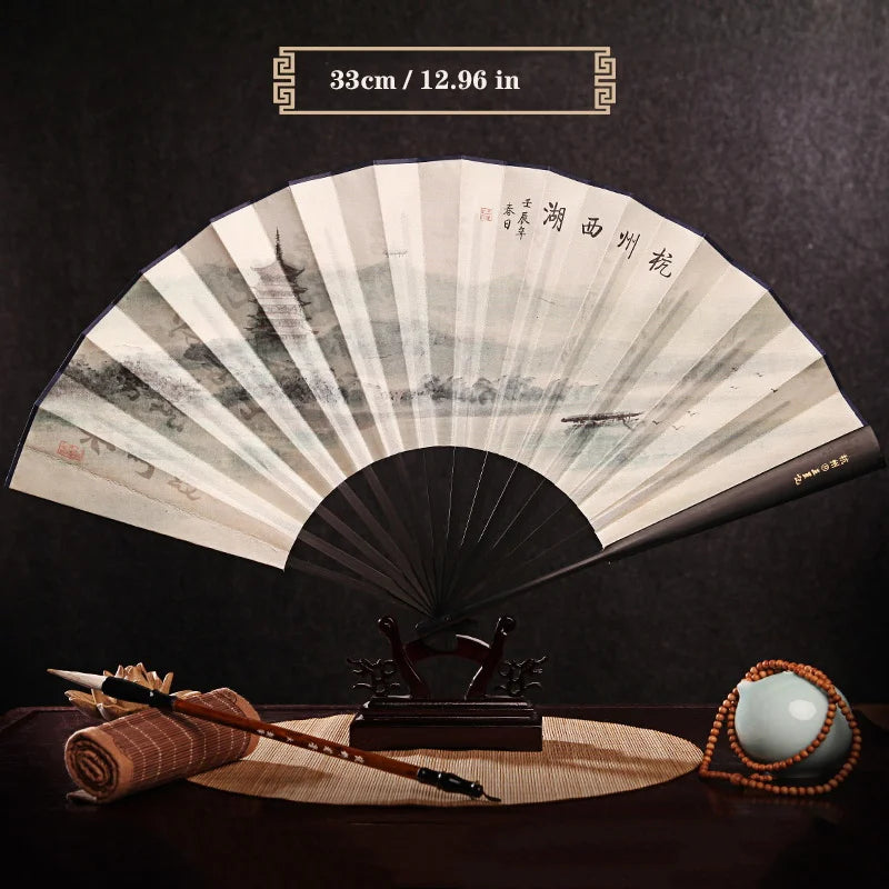 Imitation Ebony Men's Folding Fan Bamboo wood silk silk cloth hand fan Outdoor personalized durable folding fan Home Decoration
