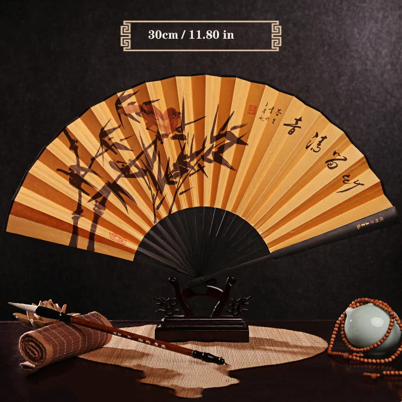 Imitation Ebony Men's Folding Fan Bamboo wood silk silk cloth hand fan Outdoor personalized durable folding fan Home Decoration