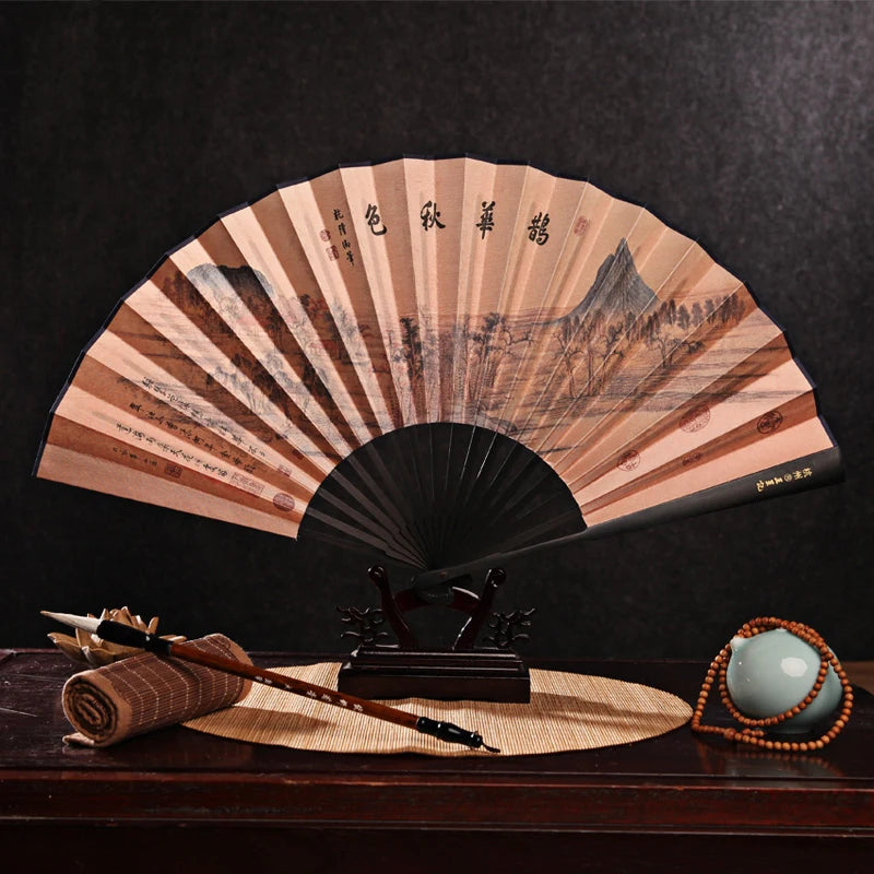 Imitation Ebony Men's Folding Fan Bamboo wood silk silk cloth hand fan Outdoor personalized durable folding fan Home Decoration