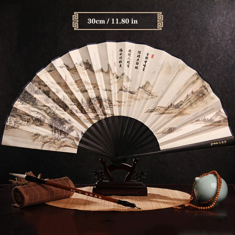 Imitation Ebony Men's Folding Fan Bamboo wood silk silk cloth hand fan Outdoor personalized durable folding fan Home Decoration